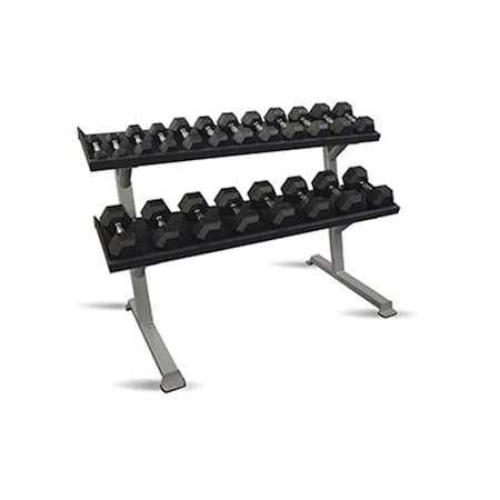 Fabrication Enterprises 69 in. 2-Tier Tray Style DB Rack with Rubber Hex Dumbbell Set - 10 Pair 1913415